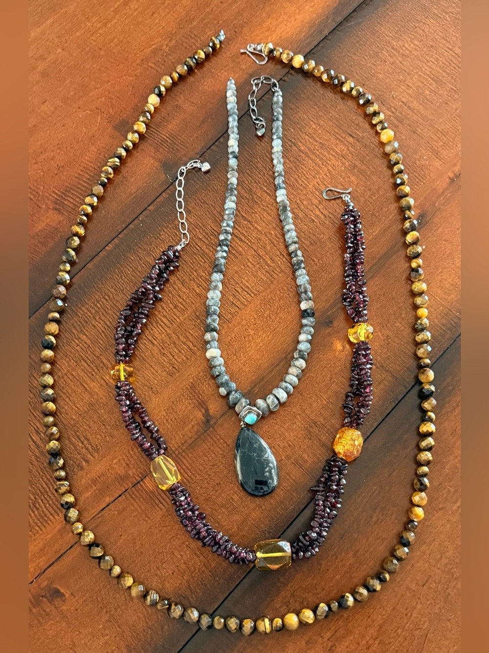 Bundle of 4 Stone Beaded Necklaces Garnet Turquoise Amber Tiger Eye